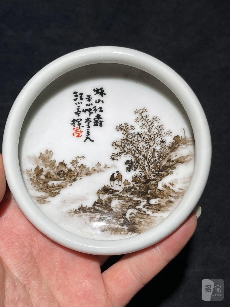 民国 汪小亭画墨彩山水纹笔洗 - 图2